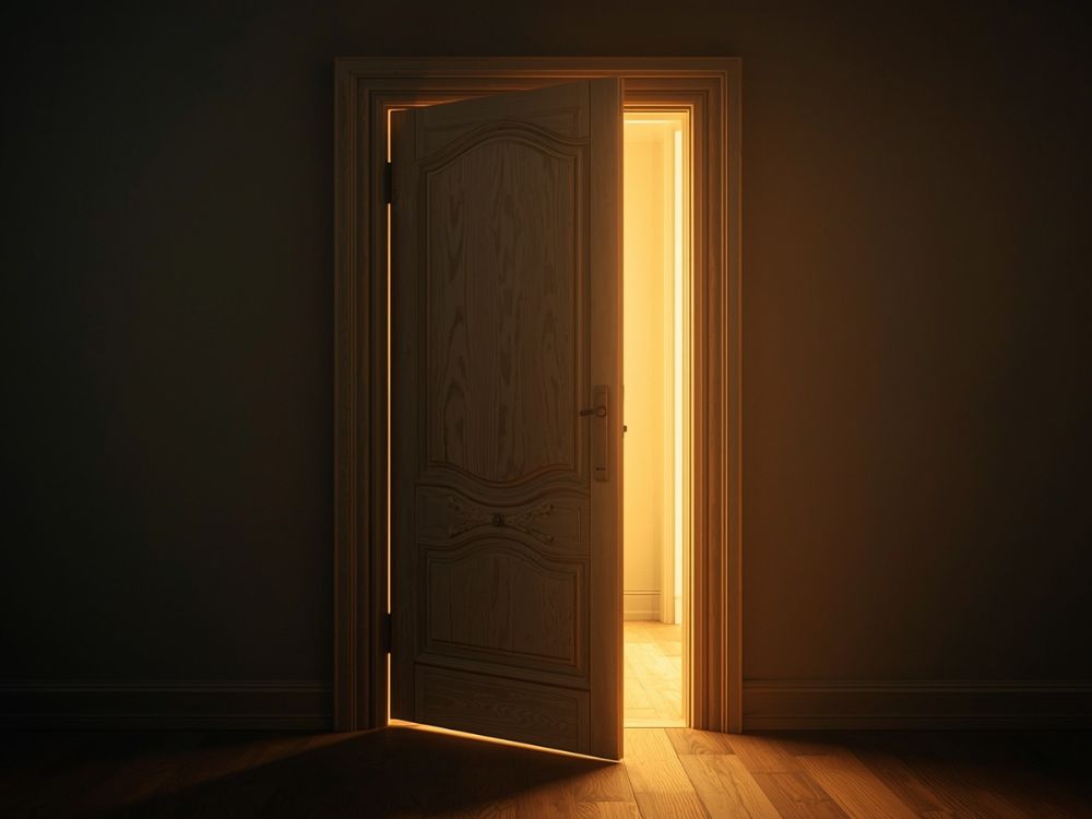 Porta entreaberta com luz suave representando crenças sociais