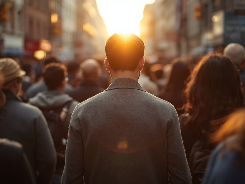 Homem sozinho em meio a multidão em direção ao sol