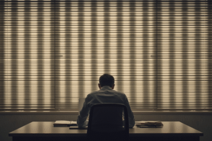 Homem sentado trabalhando preso.-Sociedade do Desempenho