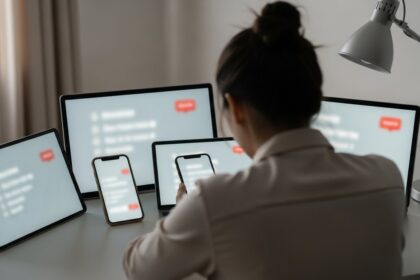 Mulher com vários celulares, Tablet e computadores - Guerra pela Atenção