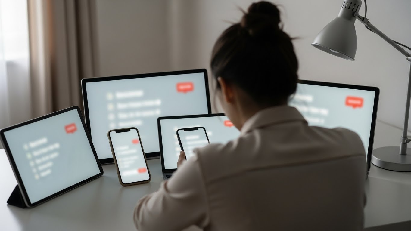 Mulher com vários celulares, Tablet e computadores - Guerra pela Atenção