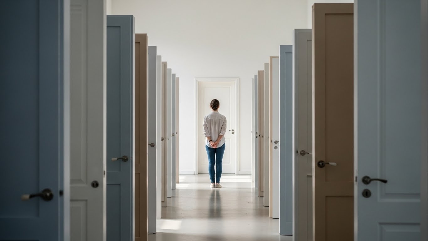 O Paradoxo da Liberdade: quanto mais opções, menos clareza mental 1 Pessoa em um corredor com várias portas – paradoxo da Liberdade