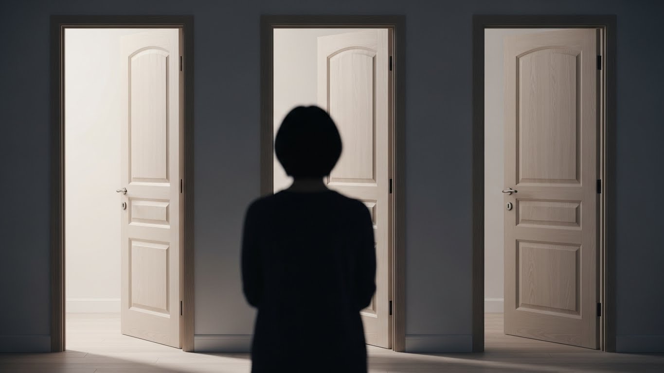 A ilusão da Liberdade: Como confundimos escolha com controle 1 Pessoa escolhendo em qual porta entrar - ilusão da Liberdade