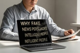 Pessoa sentada analisando fake news