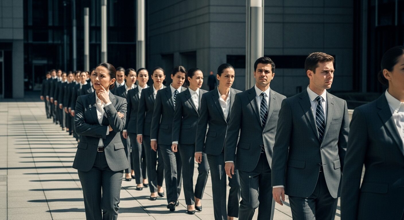 Hannah Arendt e a Banalidade do Mal: Como o Conformismo Molda a Sociedade 1 Grupo de pessoas em trajes formais.